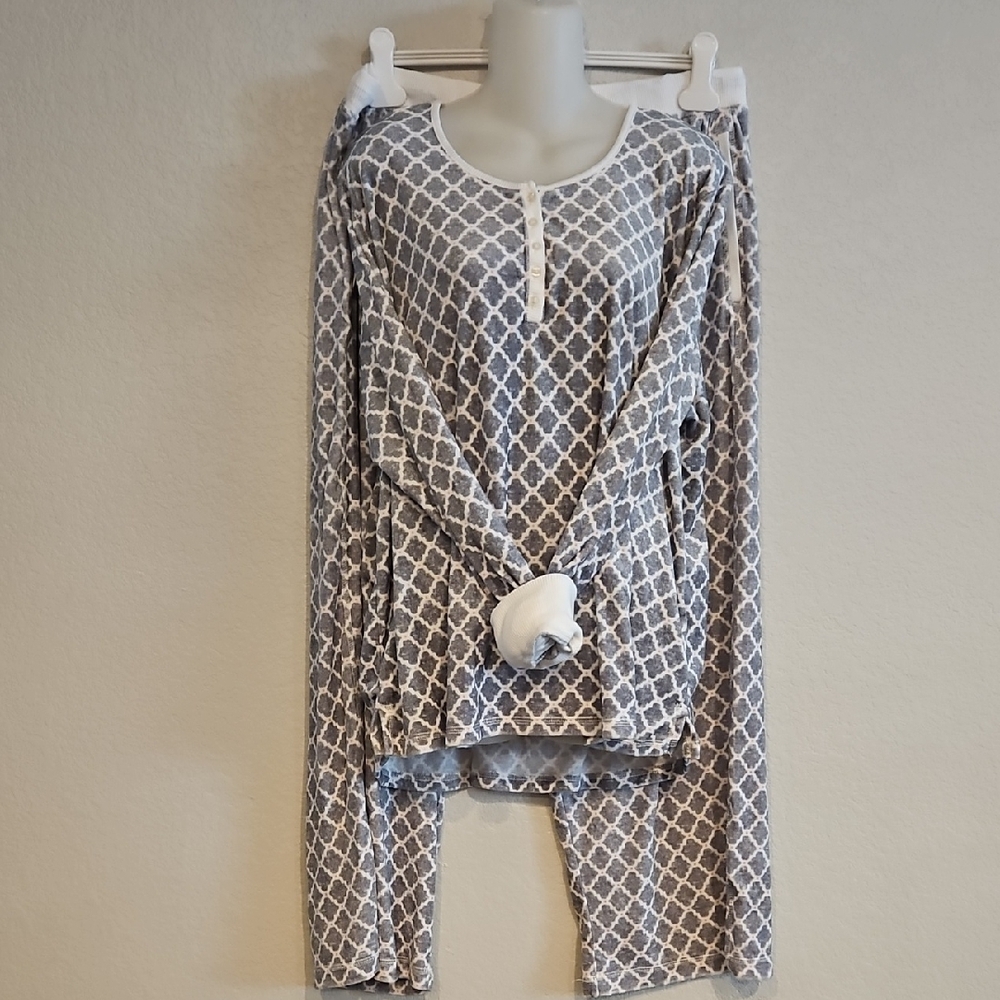 Nautica | Women's Gray White Geometric Fleece Loungewear Pajama Set Sz XXL